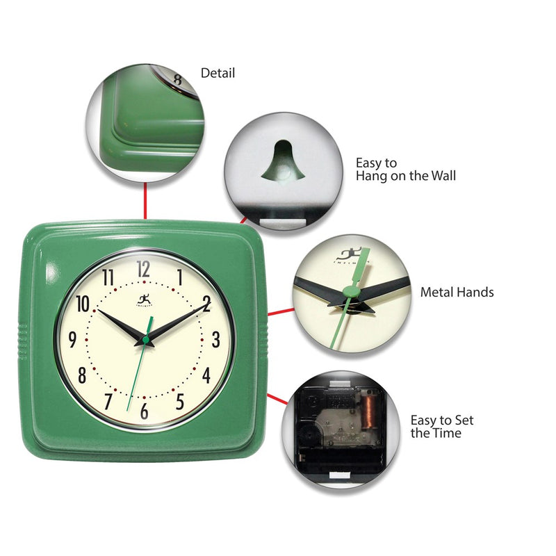 Square Retro Green Finish Metal Quartz Wall Clock with Silent Movement