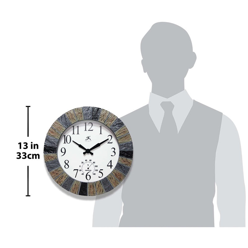 Faux Slate Stone Indoor and Outdoor Wall Clock with Thermometer