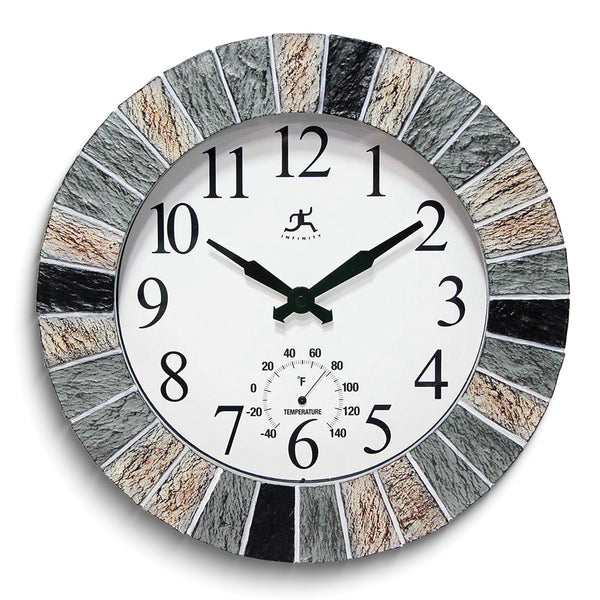 Faux Slate Stone Indoor and Outdoor Wall Clock with Thermometer