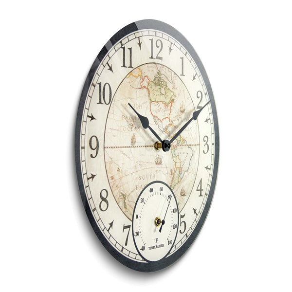 Orbis Black Indoor and Outdoor World Map Quartz Wall Clock with Thermometer