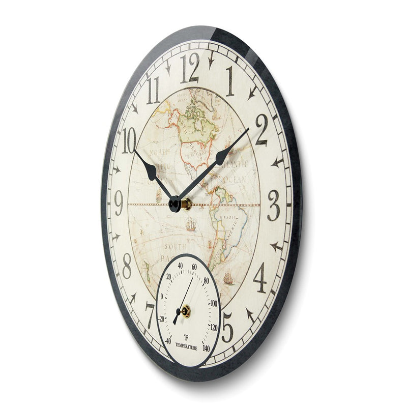 Orbis Black Indoor and Outdoor World Map Quartz Wall Clock with Thermometer