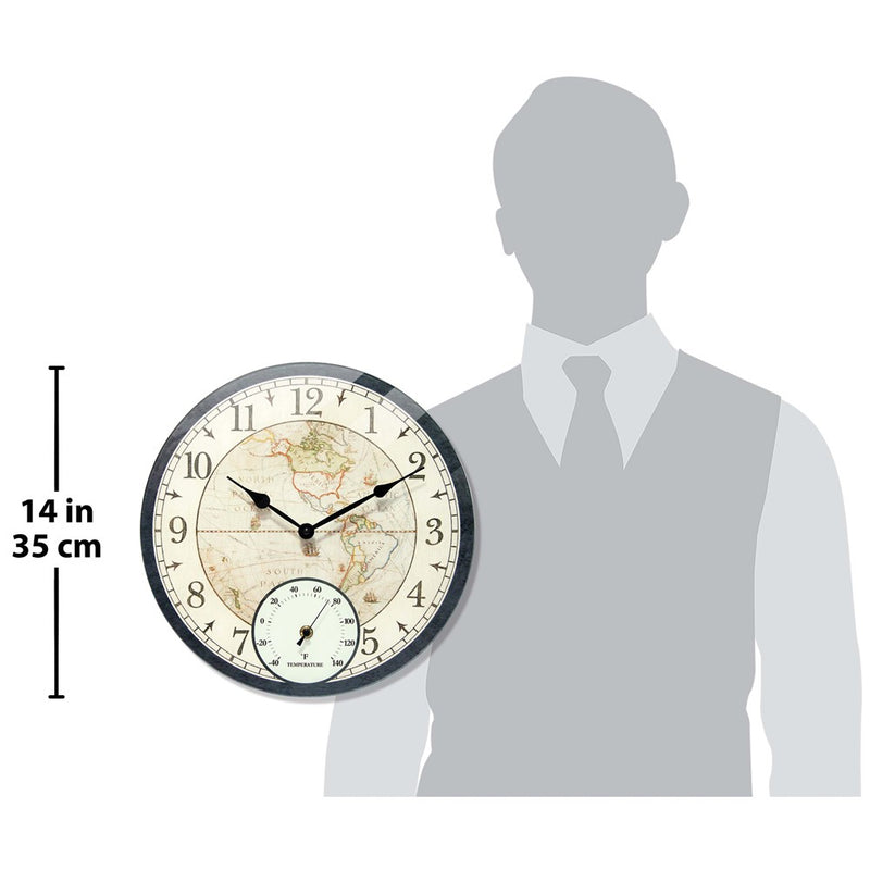 Orbis Black Indoor and Outdoor World Map Quartz Wall Clock with Thermometer