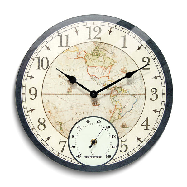 Orbis Black Indoor and Outdoor World Map Quartz Wall Clock with Thermometer