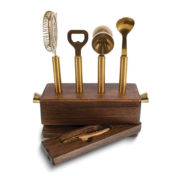 Brass-toned Metal and Acacia Wood 5 Piece Sidecar Bar Tool Set - Includes Waiter's Corkscrew, Jigger, Spoon, Strainer, and Bottle Opener