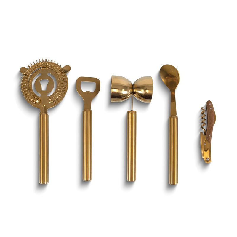 Brass-toned Metal and Acacia Wood 5 Piece Sidecar Bar Tool Set - Includes Waiter's Corkscrew, Jigger, Spoon, Strainer, and Bottle Opener