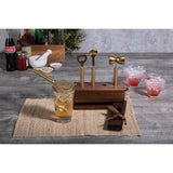 Brass-toned Metal and Acacia Wood 5 Piece Sidecar Bar Tool Set - Includes Waiter's Corkscrew, Jigger, Spoon, Strainer, and Bottle Opener