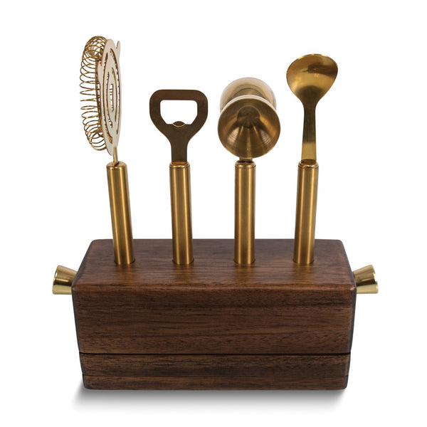 Brass-toned Metal and Acacia Wood 5 Piece Sidecar Bar Tool Set - Includes Waiter's Corkscrew, Jigger, Spoon, Strainer, and Bottle Opener