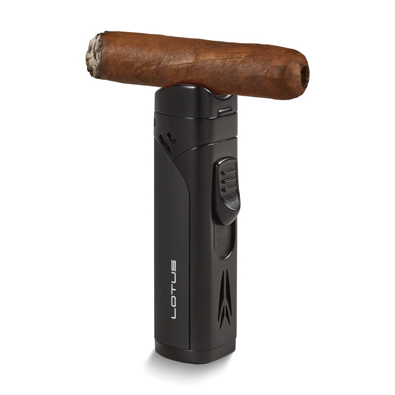 Lotus Monarch Black Matte and Rubberized Black Quad Torch Flame Free-Standing Lighter with Fold-out Cigar Punch and Cigar Rest Cap