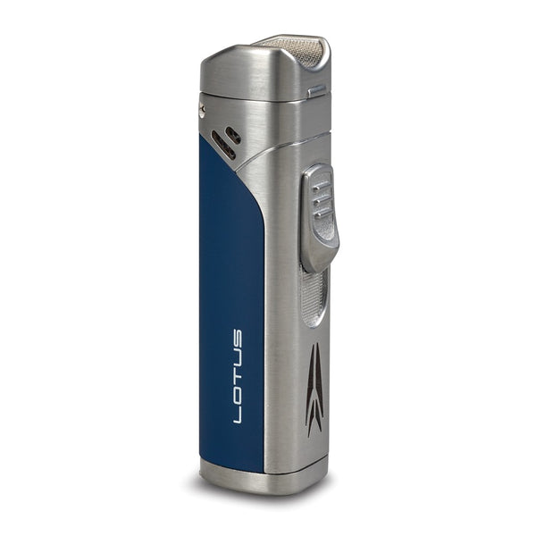 Lotus Monarch Chrome Satin and Rubberized Blue Quad Torch Flame Free-Standing Lighter with Fold-out Cigar Punch and Cigar Rest Cap