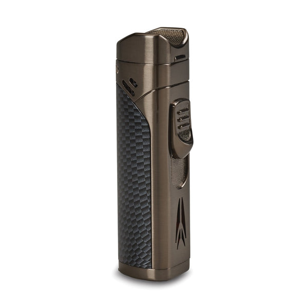 Lotus Monarch Gunmetal and Carbon Fiber Quad Torch Flame Free-Standing Lighter with Fold-out Cigar Punch and Cigar Rest Cap