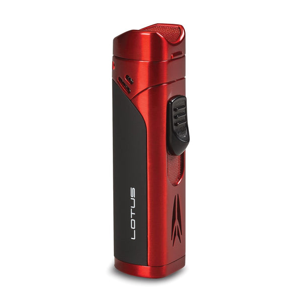 Lotus Monarch Red Satin and Rubberized Black Quad Torch Flame Free-Standing Lighter with Fold-out Cigar Punch and Cigar Rest Cap
