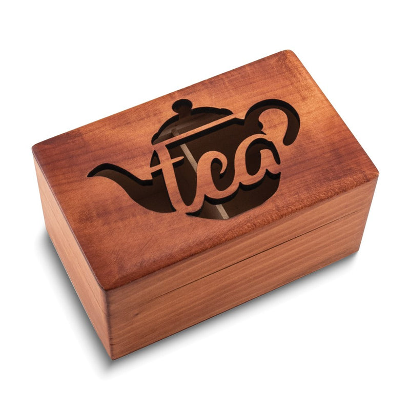 TEA with Cut Out Pot Handmade Carved 2 Compartment Wooden Box