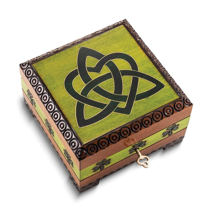 Handcrafted Wood Green Celtic Carved and Painted Keepsake Box