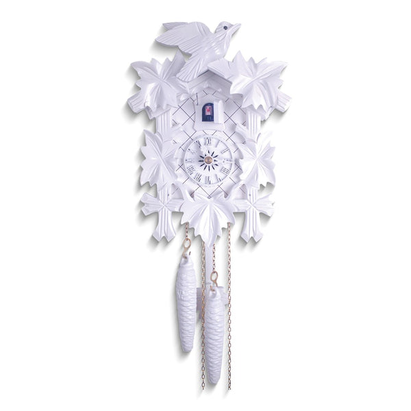 Carved Bird with Five Leaves All White Wooden One-Day Movement Cuckoo Clock