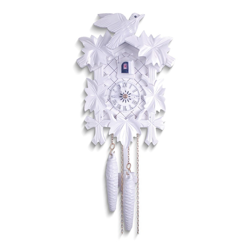 Carved Bird with Five Leaves All White Wooden One-Day Movement Cuckoo Clock