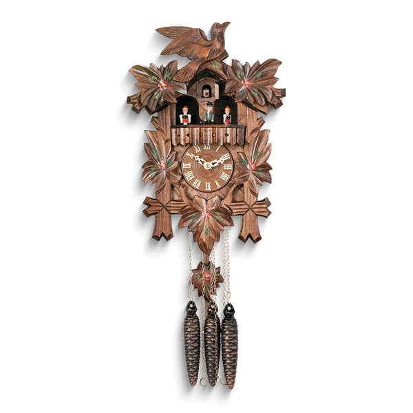 Bird and Dancers with Five Leaves Painted Flowers Wooden One-Day Movement Cuckoo Clock with 2 Songs