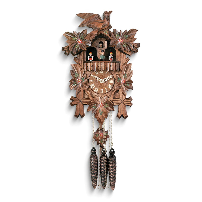 Bird and Dancers with Five Leaves Painted Flowers Wooden One-Day Movement Cuckoo Clock with 2 Songs