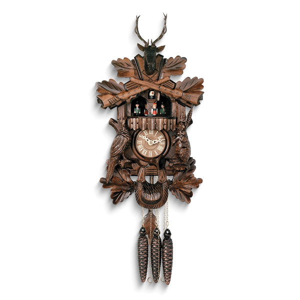 Hunters Carved Animals Wooden One-Day Movement Cuckoo Clock with Musical Dancers