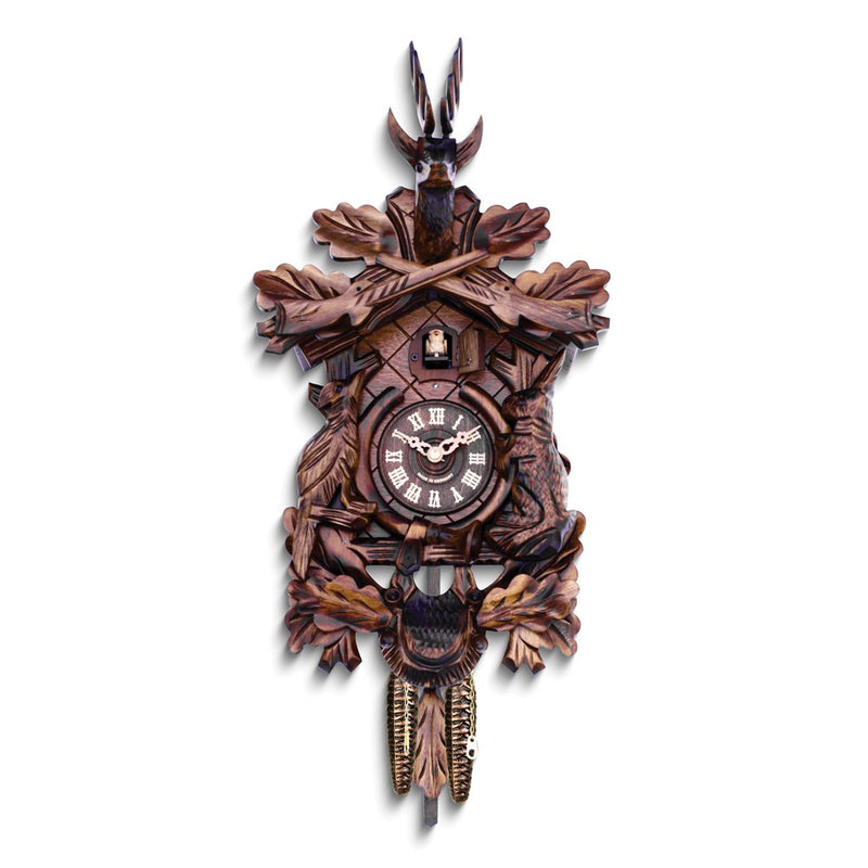 Hunters Carved Animals and Rifles Wooden Battery Operated Cuckoo Clock