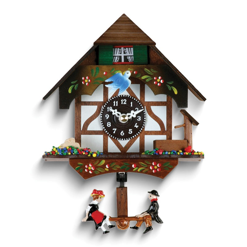 German Chalet with Bird and Well Swinging Pendulum Battery Operated Wall Clock