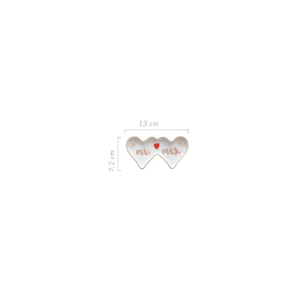 Double Heart MR AND MRS White with Gold-tone Ceramic Trinket Dish