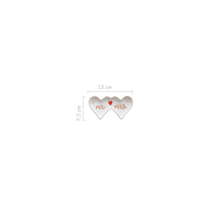 Double Heart MR AND MRS White with Gold-tone Ceramic Trinket Dish