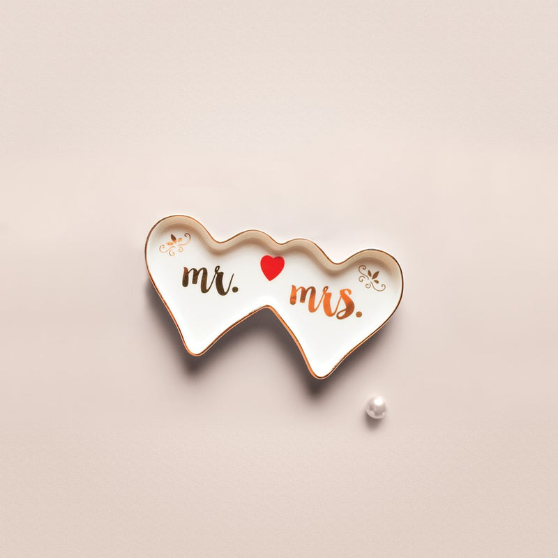 Double Heart MR AND MRS White with Gold-tone Ceramic Trinket Dish