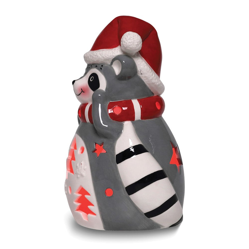 Raccoon with Santa Hat LED Lighted Ceramic Lantern