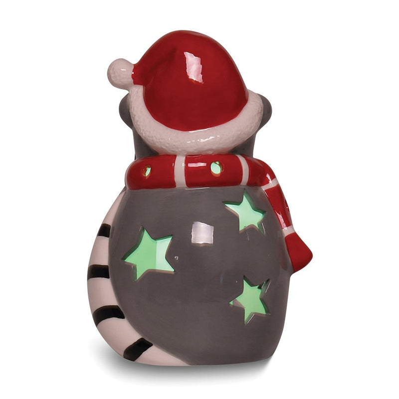 Raccoon with Santa Hat LED Lighted Ceramic Lantern