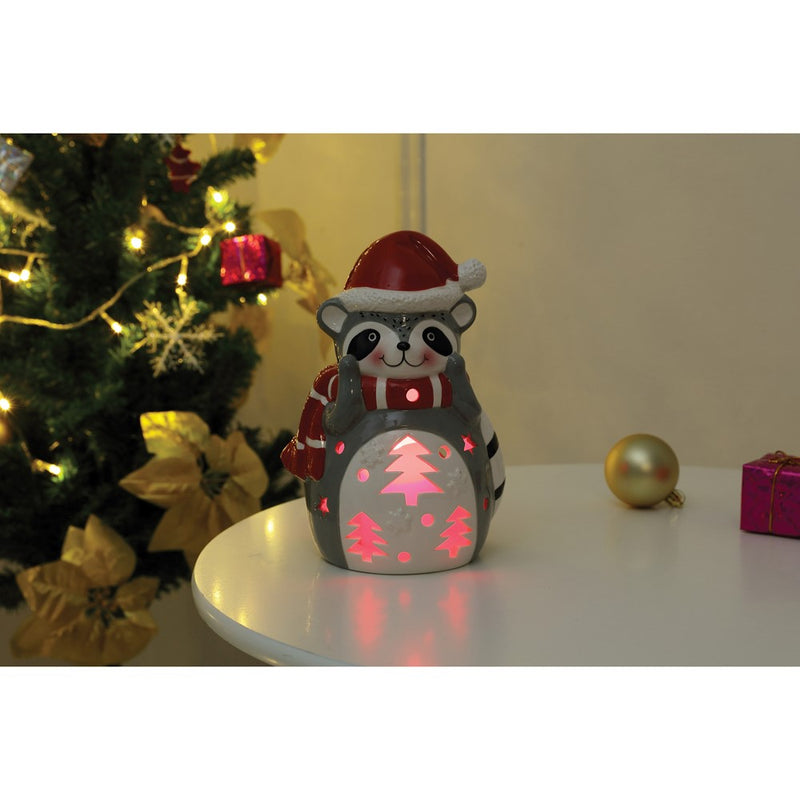 Raccoon with Santa Hat LED Lighted Ceramic Lantern