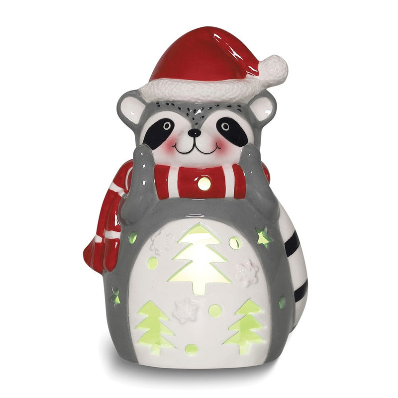 Raccoon with Santa Hat LED Lighted Ceramic Lantern