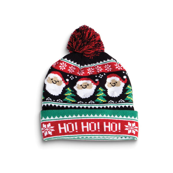 HO HO HO Santas with Trees LED Lighted Beanie Hat