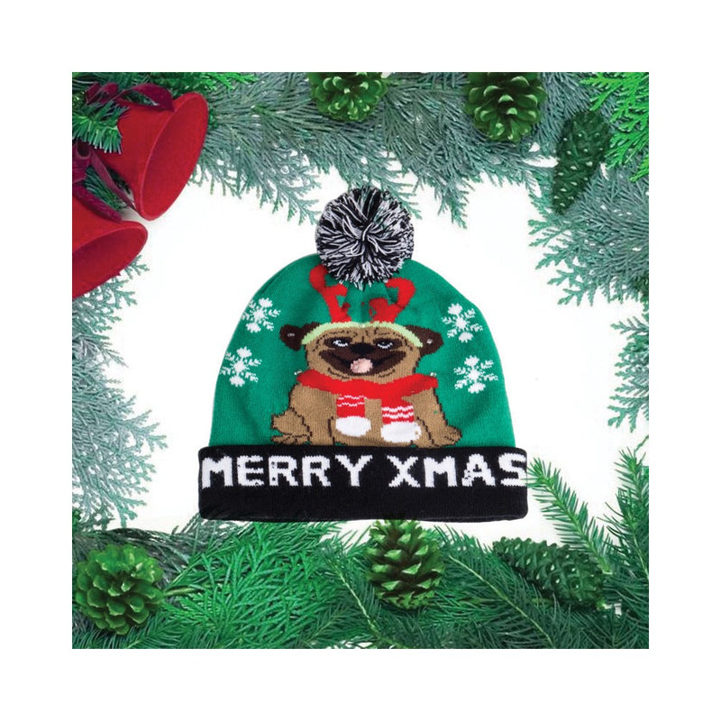 MERRY XMAS Pug with Antlers LED Lighted Beanie Hat