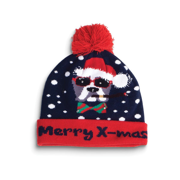 MERRY XMAS Dog with Sunglasses LED Lighted Beanie Hat