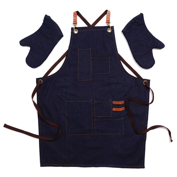 Dark Blue Denim Childs Apron with Oven Mitts