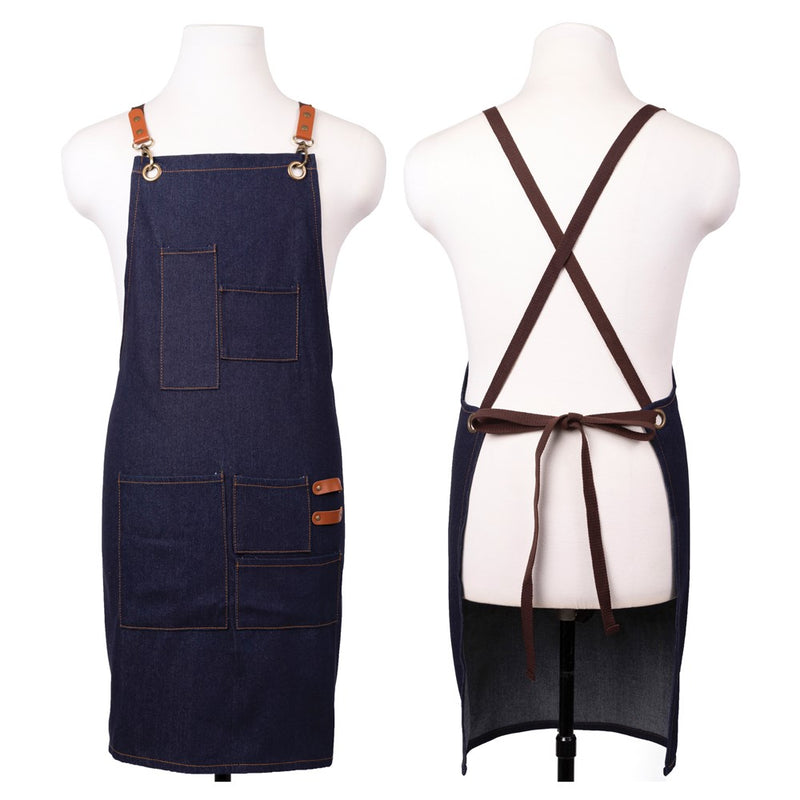 Dark Blue Denim Adult Apron with Oven Mitts