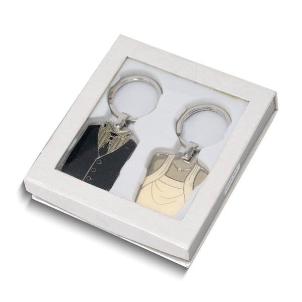 Silver-tone Bride and Groom Enameled Crystal  Key Ring Set
