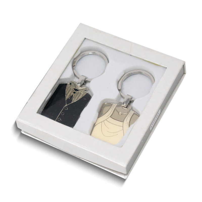 Silver-tone Bride and Groom Enameled Crystal  Key Ring Set