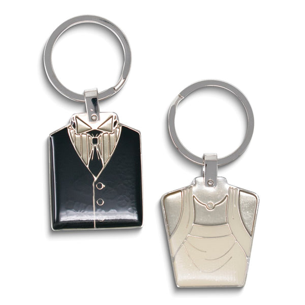 Silver-tone Bride and Groom Enameled Crystal  Key Ring Set