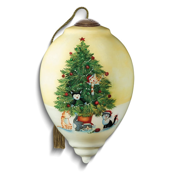 Neqwa Art Christmas Tree Cats by Emma Leach Hand-painted Glass Ornament