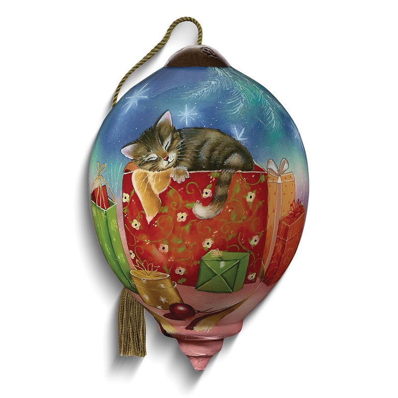Neqwa Art Christmas Kitten by Sarah Summers Hand-painted Glass Ornament