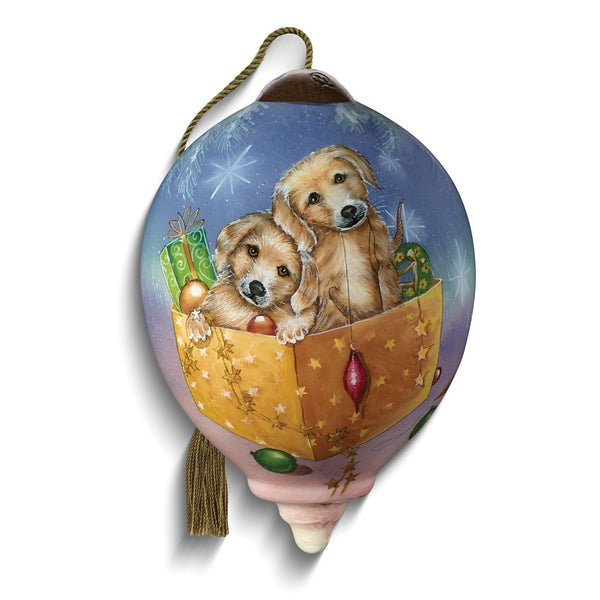 Neqwa Art Christmas Puppies by Sarah Summers Hand-painted Glass Ornament