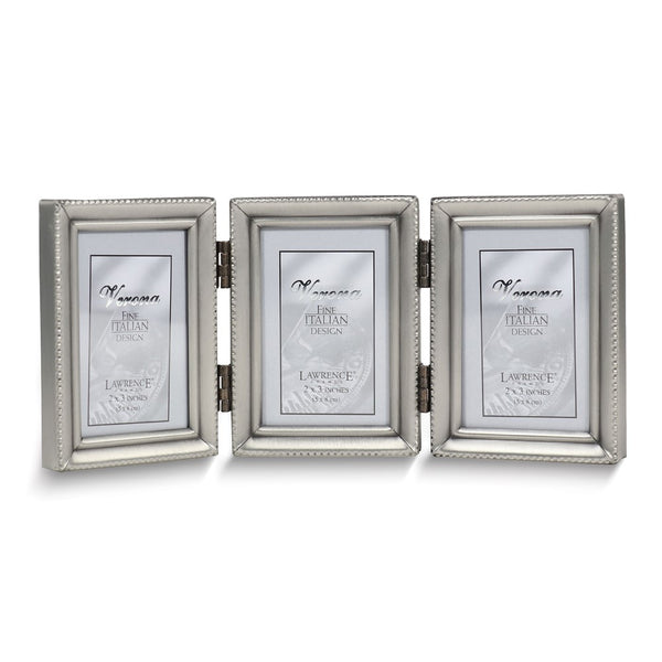 Pewter Portrait Hinged Brushed and Beaded 2x3 Triple Photo Frame