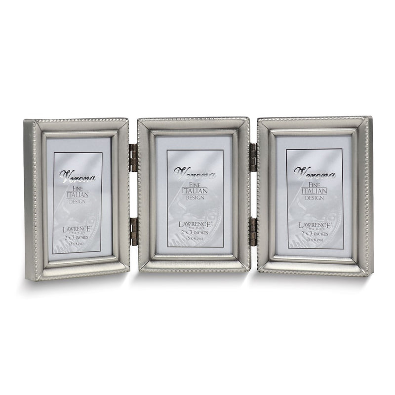 Pewter Portrait Hinged Brushed and Beaded 2x3 Triple Photo Frame