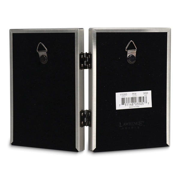 Pewter Portrait Hinged Brushed and Beaded 3x5 Double Photo Frame