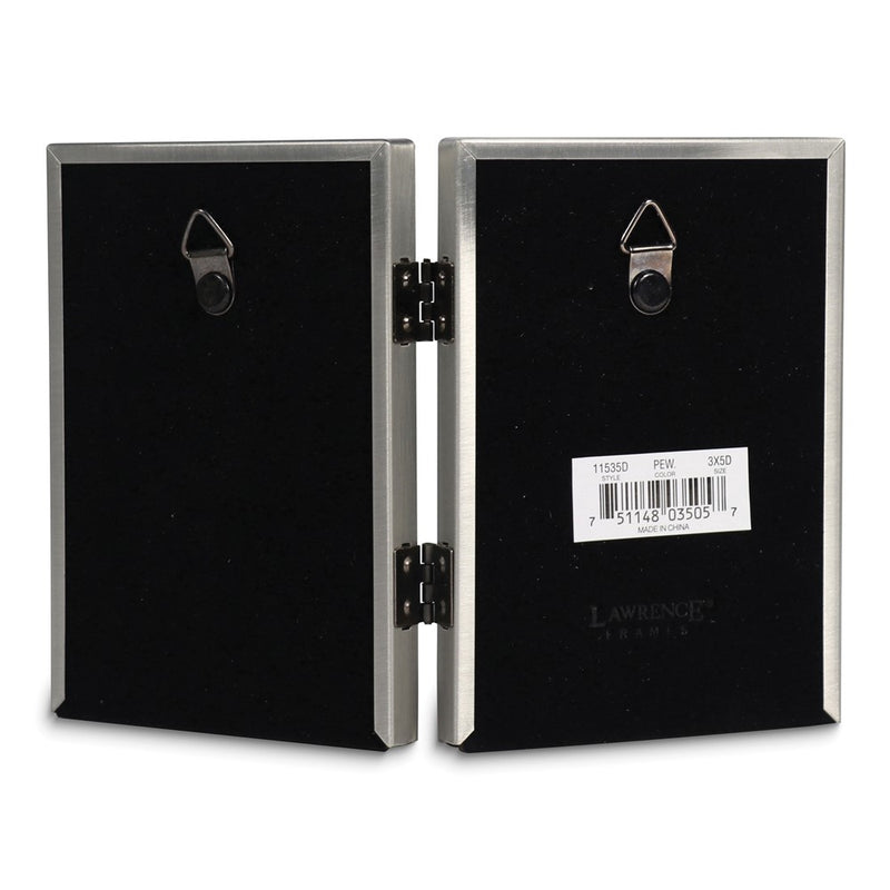 Pewter Portrait Hinged Brushed and Beaded 3x5 Double Photo Frame