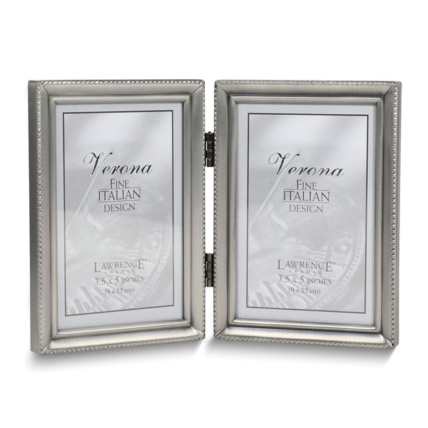 Pewter Portrait Hinged Brushed and Beaded 3x5 Double Photo Frame