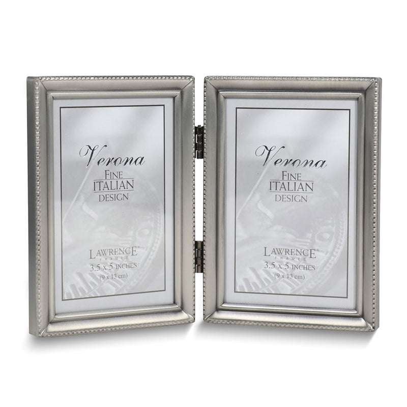 Pewter Portrait Hinged Brushed and Beaded 3x5 Double Photo Frame