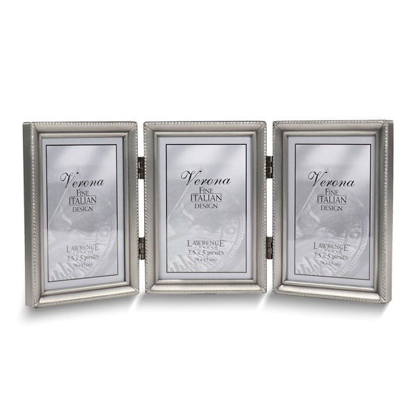 Pewter Portrait Hinged Brushed and Beaded 3x5 Triple Photo Frame