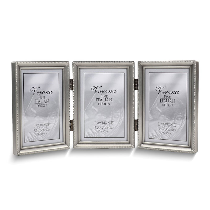Pewter Portrait Hinged Brushed and Beaded 3x5 Triple Photo Frame